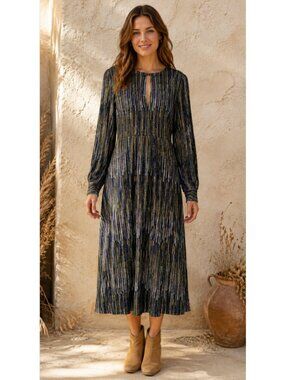 Traffic People Fallen Dress Blue Mustard Midi Dress NWT Small
